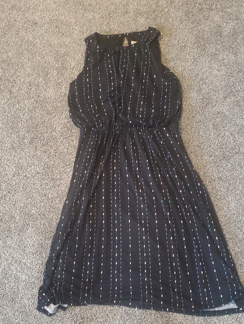 LOFT Navy Sleeveless Midi Dress with Metallic Pinstripes